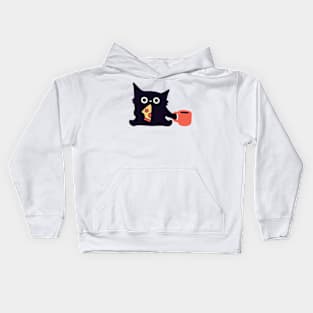 Cute Black Cat Eating Pizza Slice Kids Hoodie